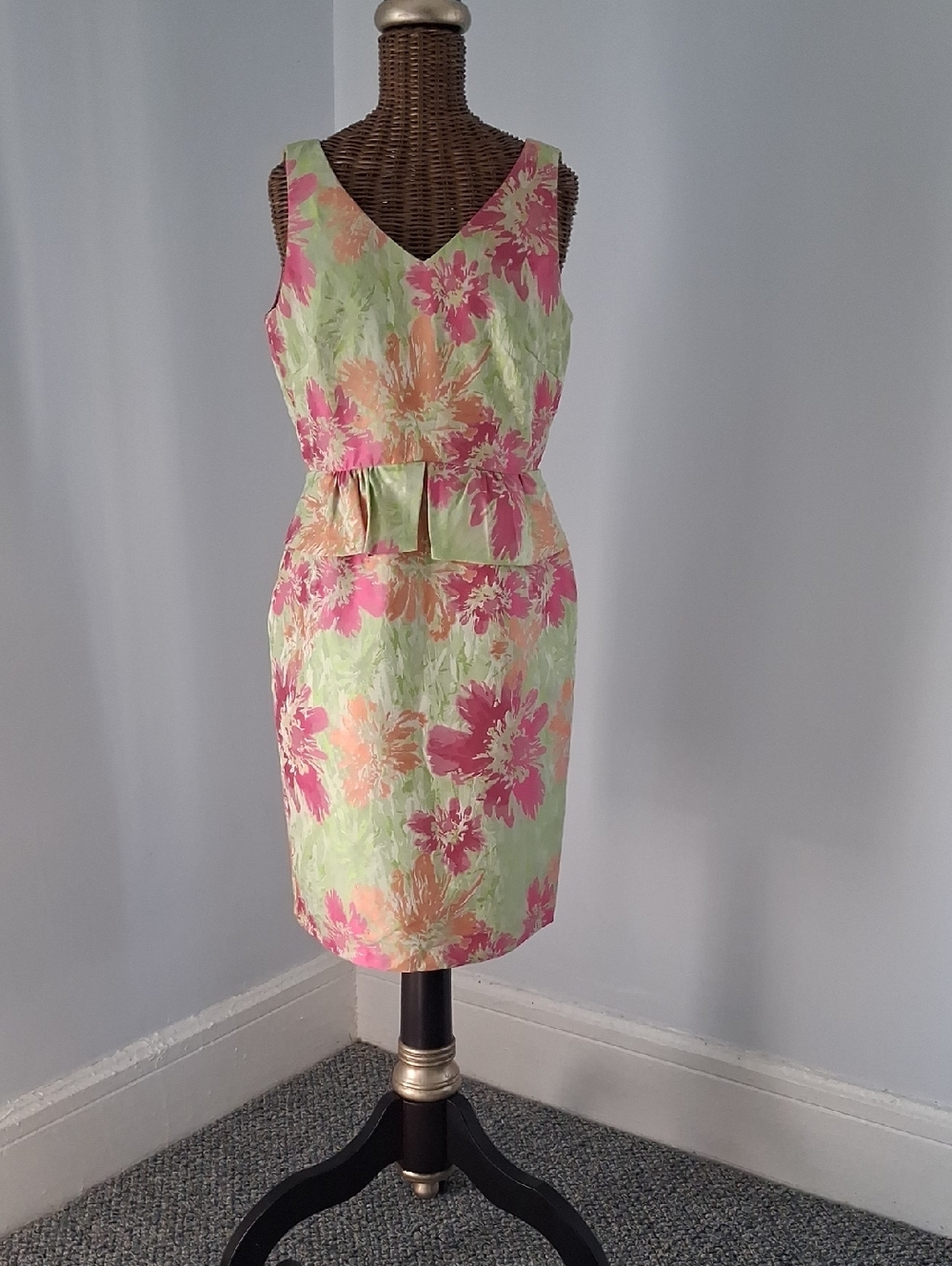 Tahari Floral V-Neck Peplum Midi Dress in Pink, Orange & Green